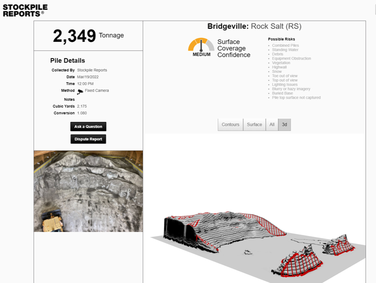 A screenshot showing an example of a rock salt stockpile report that diagrams salt levels currently in the salt shed.